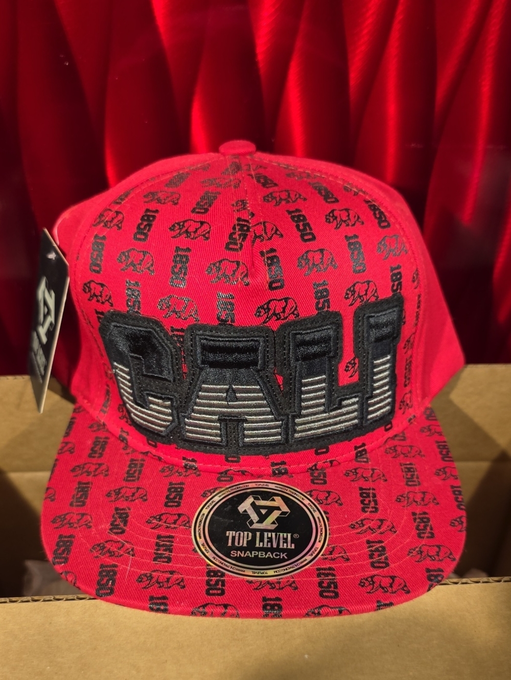 Top Level Cali California Bear 1850 All Over Print Snapback Hat Red One Size New